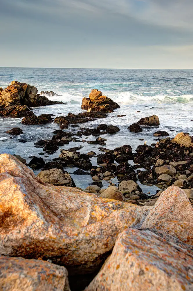 Sunlit granite boulders and tide pools on a rocky shoreline